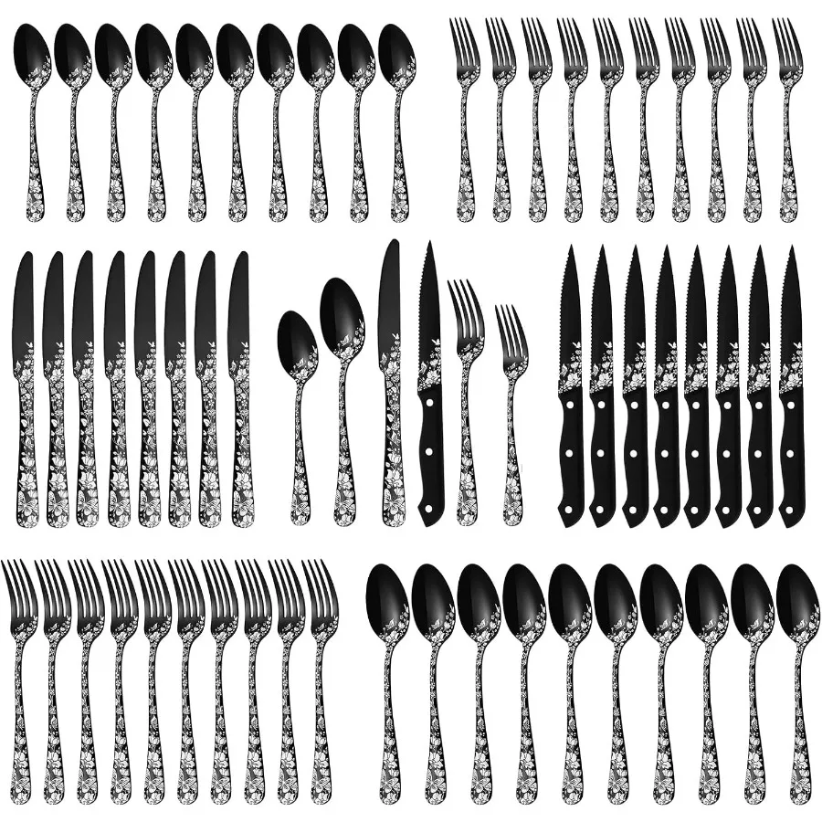 

Набор черных столовых приборов из 48 предметов с ножками для стейка, набор столовых приборов из нержавеющей стали для 8 наборов посуды включает вилки, ложки и