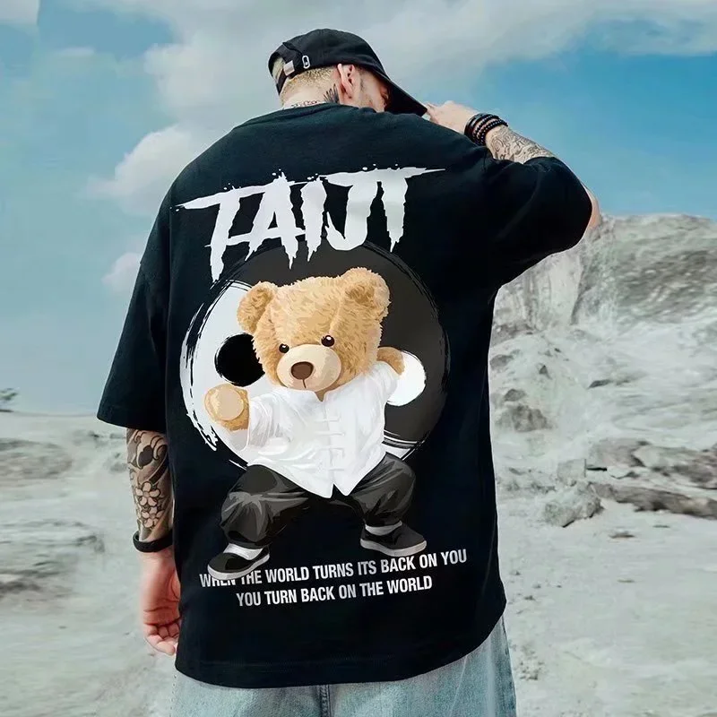 

S-2XL High Quality Cotton T Shirt Fashion Hip Hop Style Round Neck Printed Kung Fu Bear Short Sleeve