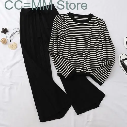 Striped Knitting 2 Piece Sets Womens Outfits Long Sleeve Autumn Winter Sets Lace Up Chic Full Length Pant Sets