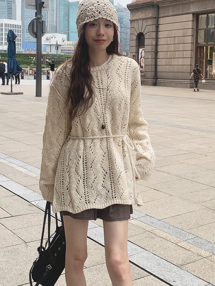 

Chic Vintage Sweet Hollow out Long Sweater Women's Lazy Sle Loose Belted Slimming Knitted irt French Sle Loose Fit