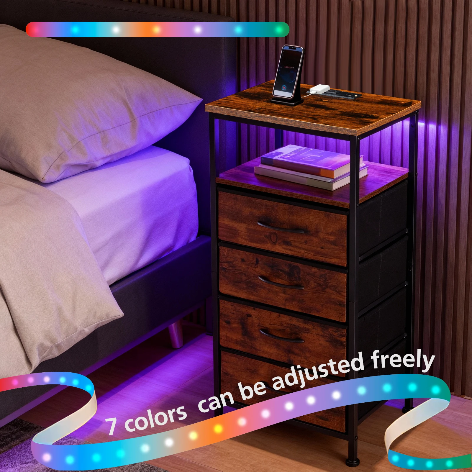 JHK Corner Table Cabinet with 4 Fabric Drawers Support USB/Type-C Ports and Outlets Adjustable Feet and Variable Light Strip image 2