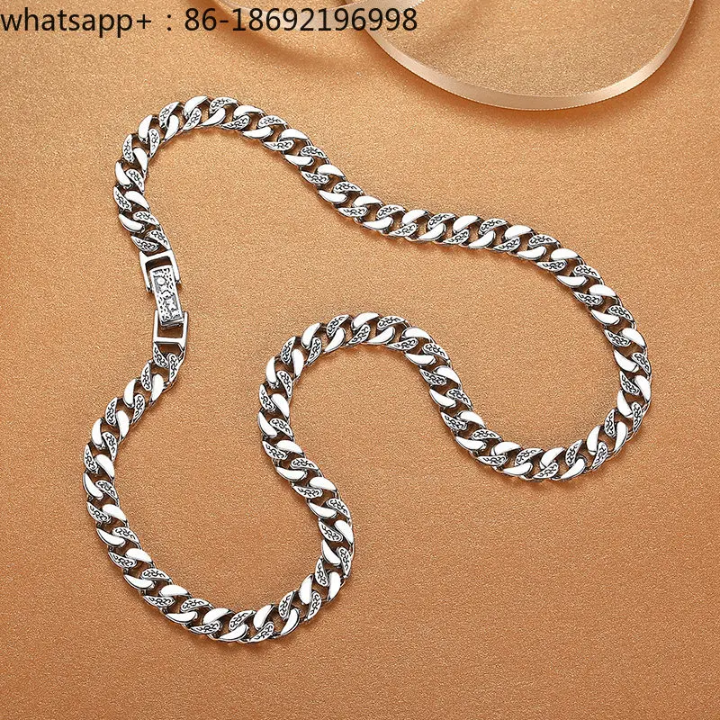 Cuban Necklace Men's Sterling Silver Retro Fashion Personality Trendy Men Tang Grass Pattern Flat Chain