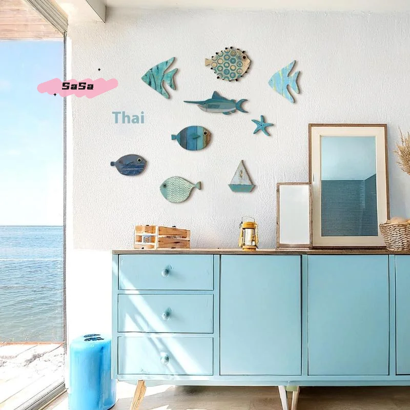 10 قطعة/المجموعة خشبية الأسماك جدار ديكور بحري الساحلية المحيط الفن الشاطئ موضوع معلقة الأسماك للحمام ديكور المنزل