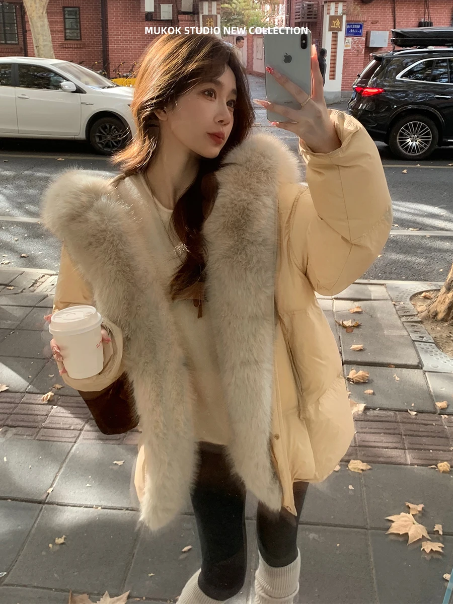 

MUKOK Pure White Du down Jaet with Hat Traceable Comfortable Mid-Length Large Fur Collar Clean Velvet Warm Women's Coat