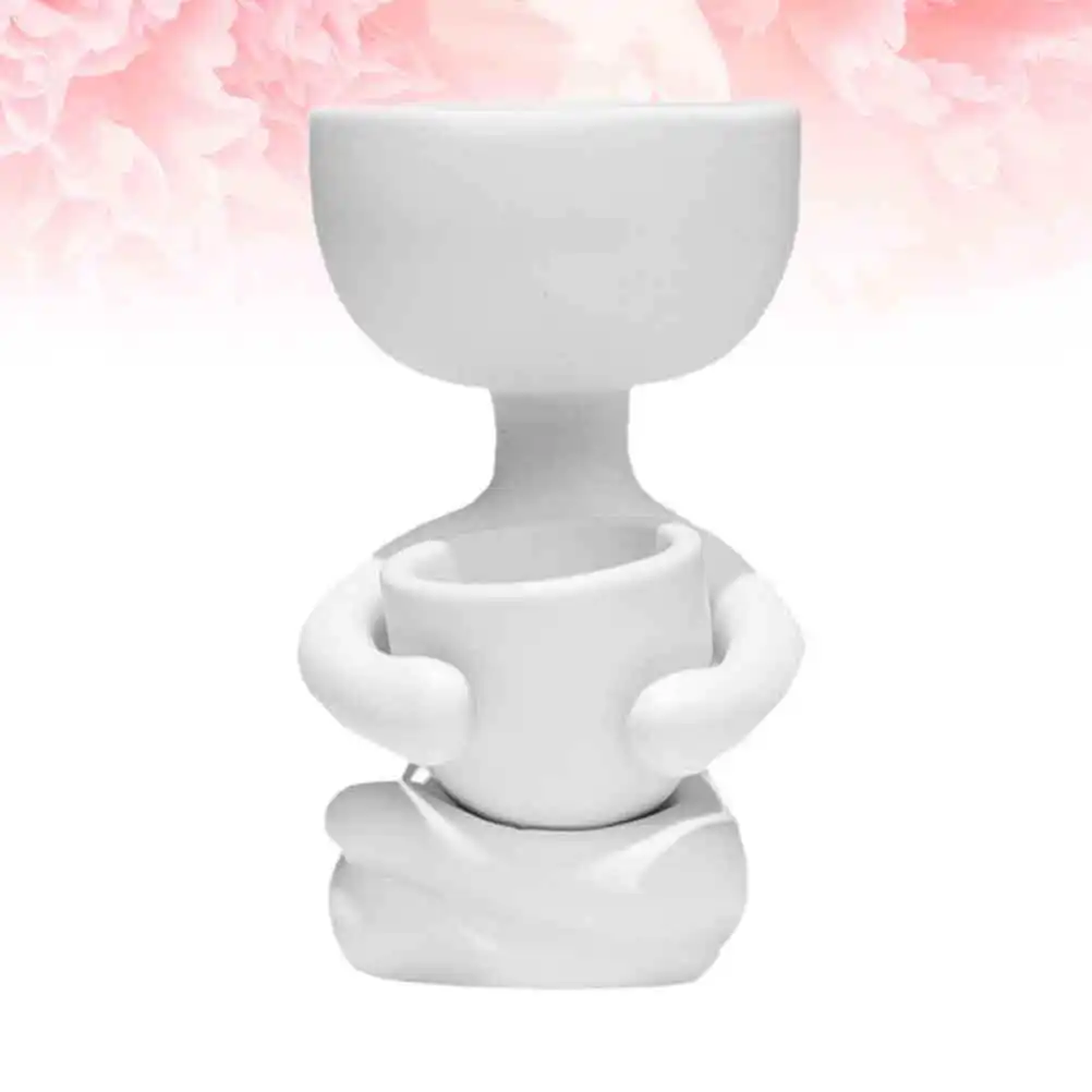 Sitting Human Shaped Ceramic Flower Pot White 6x6x10cm Creative Planter Desktop Decoration Succulent Plant Container Unique