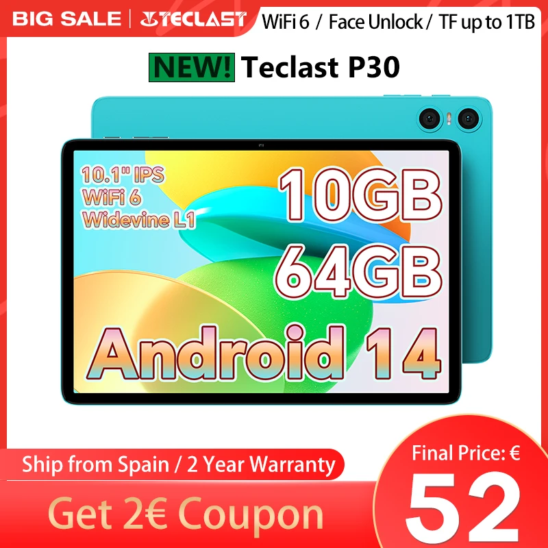 Teclast P30 Android 14 Tableta, 8 núcleos Allwinner A523, 10GB de RAM(4GB+6GB de expansión), 64GB de ROM(Soporte TF 1TB), 10,1 pulgadas 1280x800, 5MP+2MP, 6000mAh, Type C, BT 5.4, Wi-Fi 6, Mali G57, Desbloqueo Facial
