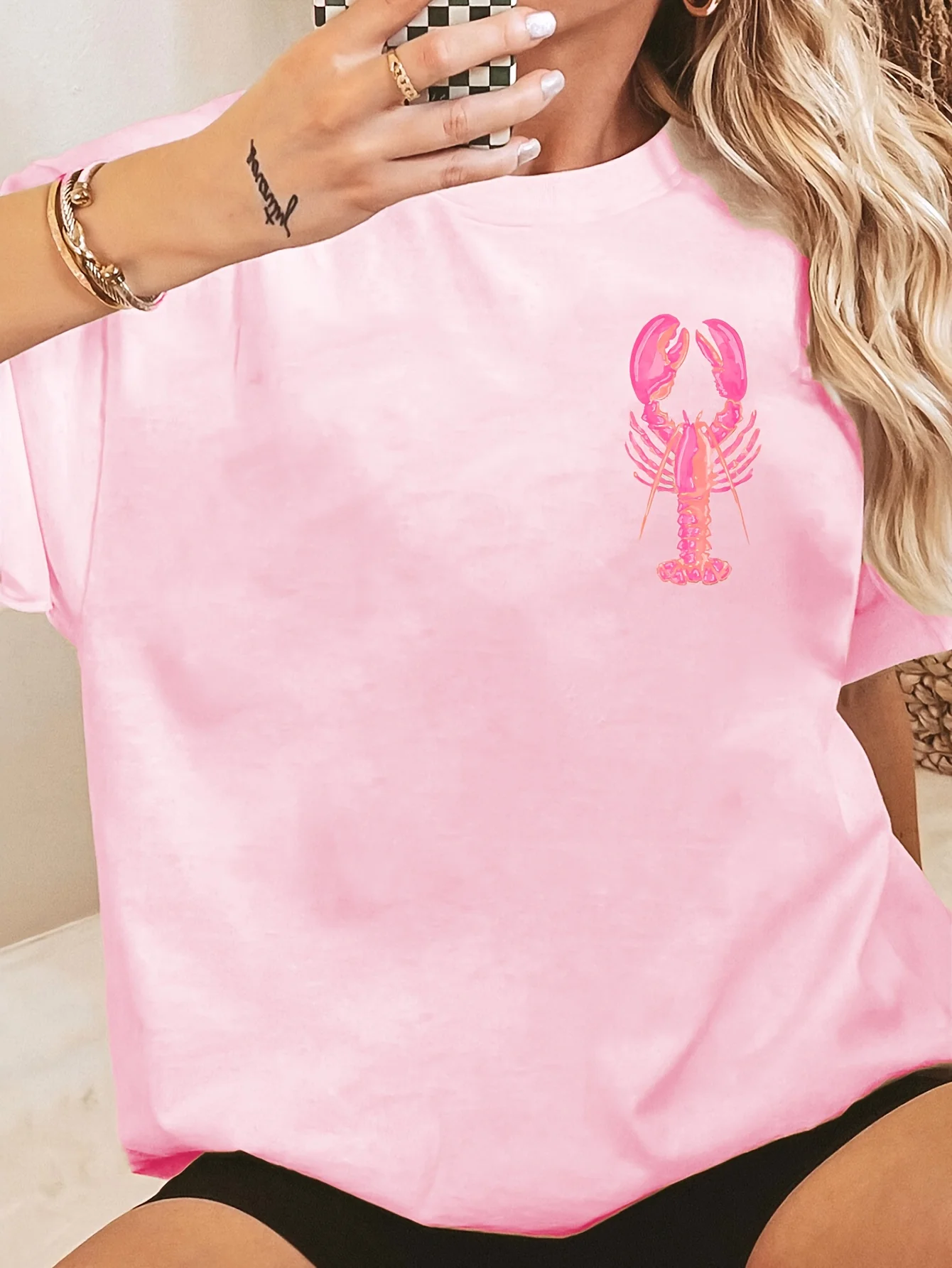 Streetwear Women's 100% Cotton Lobster Lemon Slice Graphic T-Shirt Short Sleeve Summer Top Tee Adies Beach Wear T Shirt