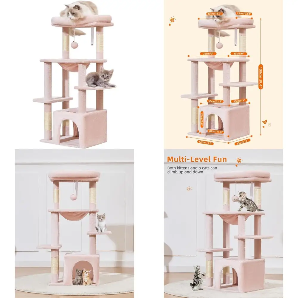 

Дерево-когтеточка для кошек высотой 39,4 дюйма с гамаком и лежанкой для домашних кошек и котят, цвет: желейно-розовый