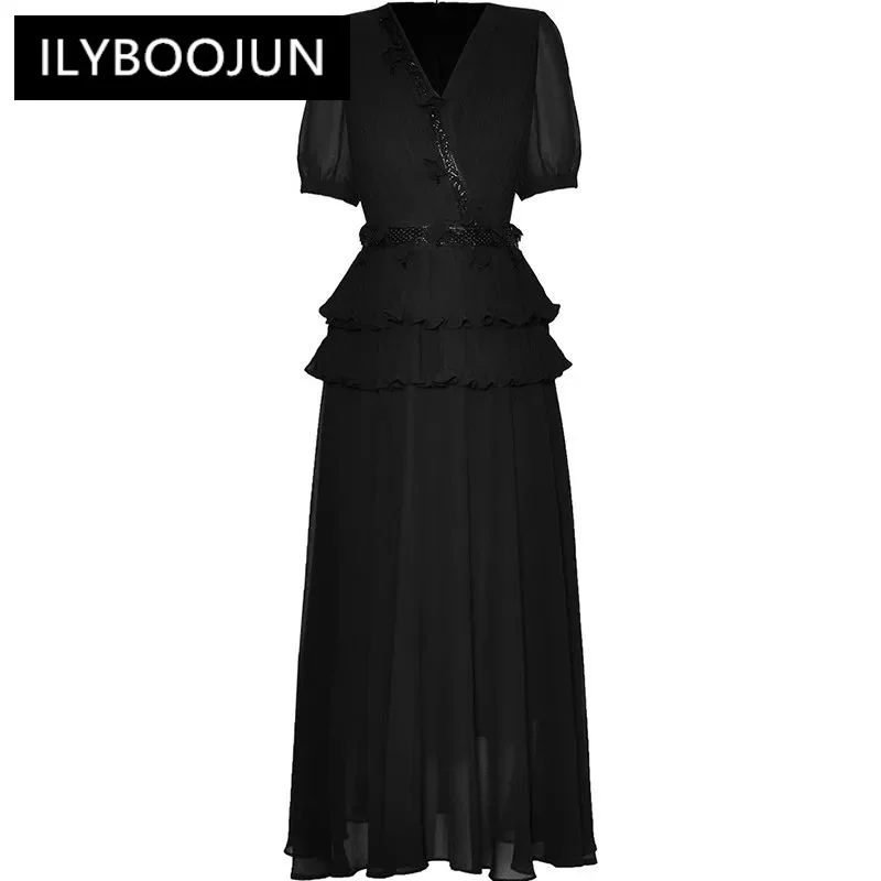 

ILYBOOJUN Women's Ball Gown Dress Summer V-Neck Short-Sleeved High Waiste Beading Edible Tree Fungus Edge Solid Color Dresses