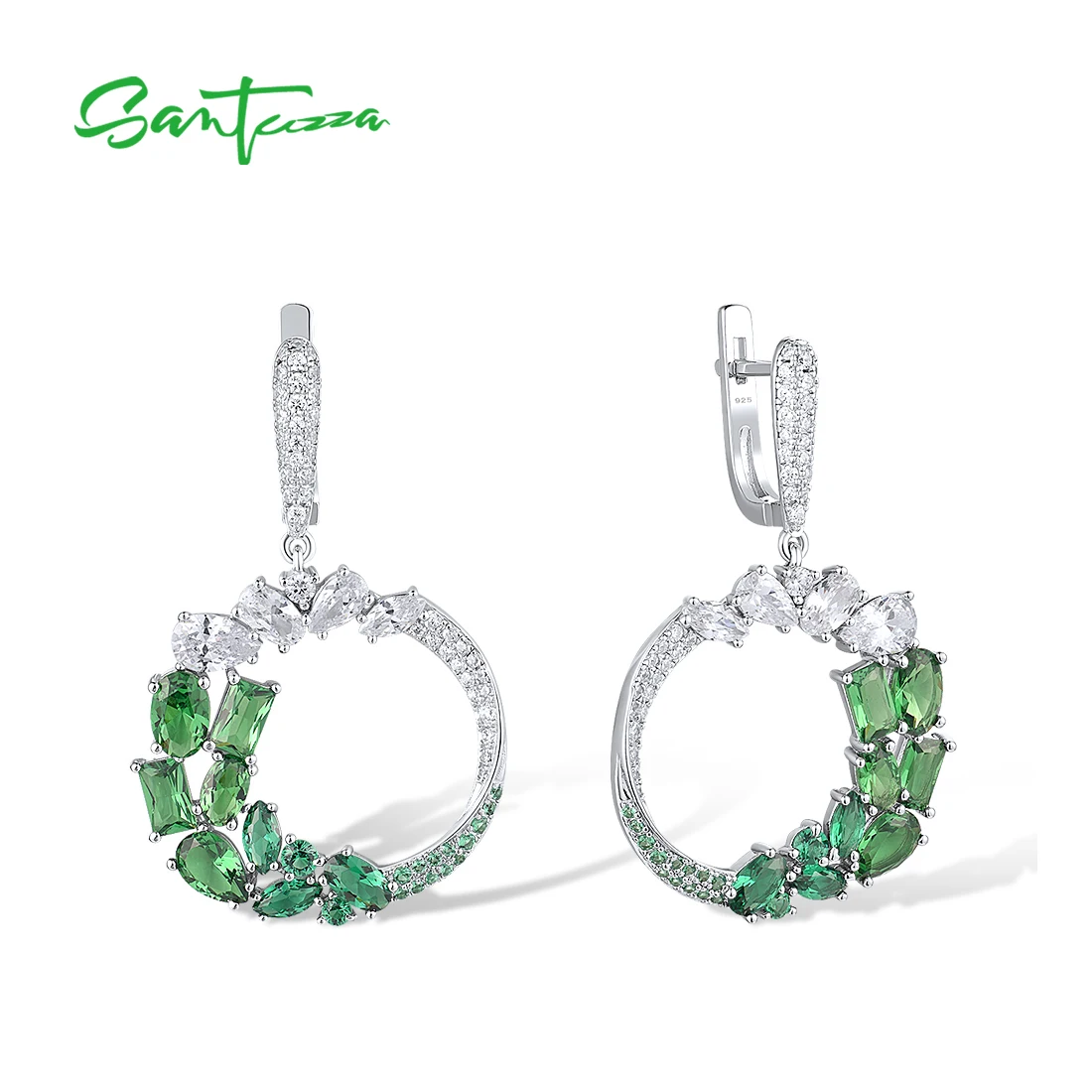 

SANTUZZA Genuine 925 Sterling Silver Dangling Earrings For Women Sparkling Green Spinel White CZ Wedding Engagement Fine Jewelry