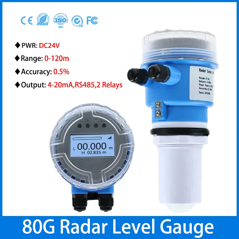 

80GHZ Radar Level Sensor 2 Relays 4-20mA RS485 Output Radar Water Level Meter 0-120m Water Oil Level Transmitter