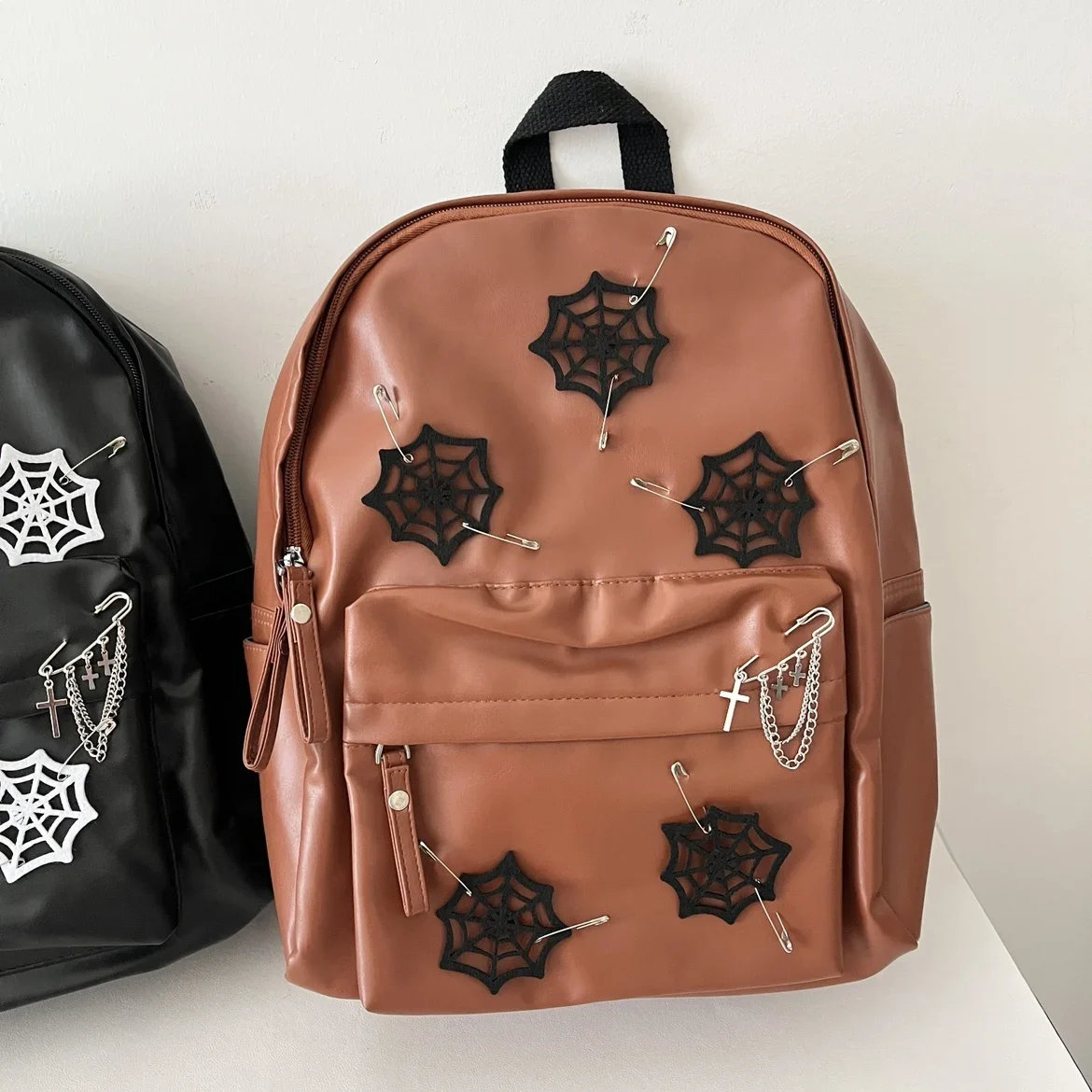 Fashion Gothic Black Schoolbag Men and Women Y2K Spider Web Personality Backpack Leather Shoulder Women's Bag