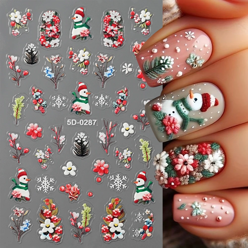 5D geprägte Weihnachten Nail Art Aufkleber Cartoon Relief Schneemann Blumen Weihnachtsbaum Designs Y2k Winter DIY Urlaub Nagelaufkleber