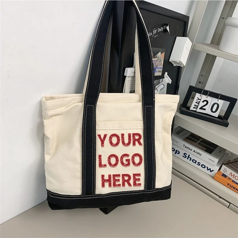 

Custom Logo Black and White Canvas Tote Bag Large Capacity Reusable Shoulder Bag with Front Pocket Casual Handbag Women Students