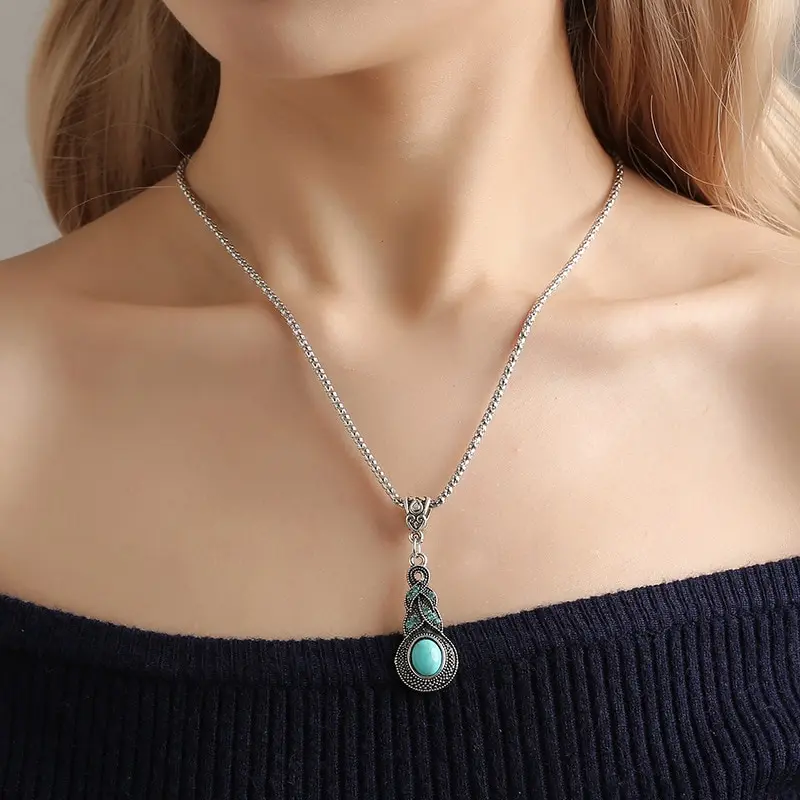 3pcs Necklace Earrings Set For Men And Women Vintage Style Blue Crystal Inlaid Turquoise Pendant With Lantern Chain Jewelry image 4