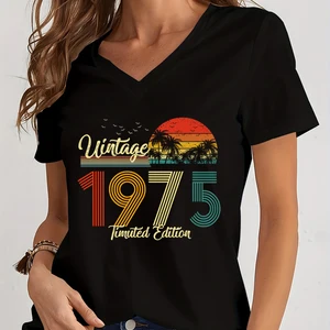 Casual Vintage T -Shirt mit weiblicher V -Neck, kurzes Hemd, Geburtstag t -Shirt, Neujahr, Sommer 1973 12 Hauptverkaufshirt 1974 - №9