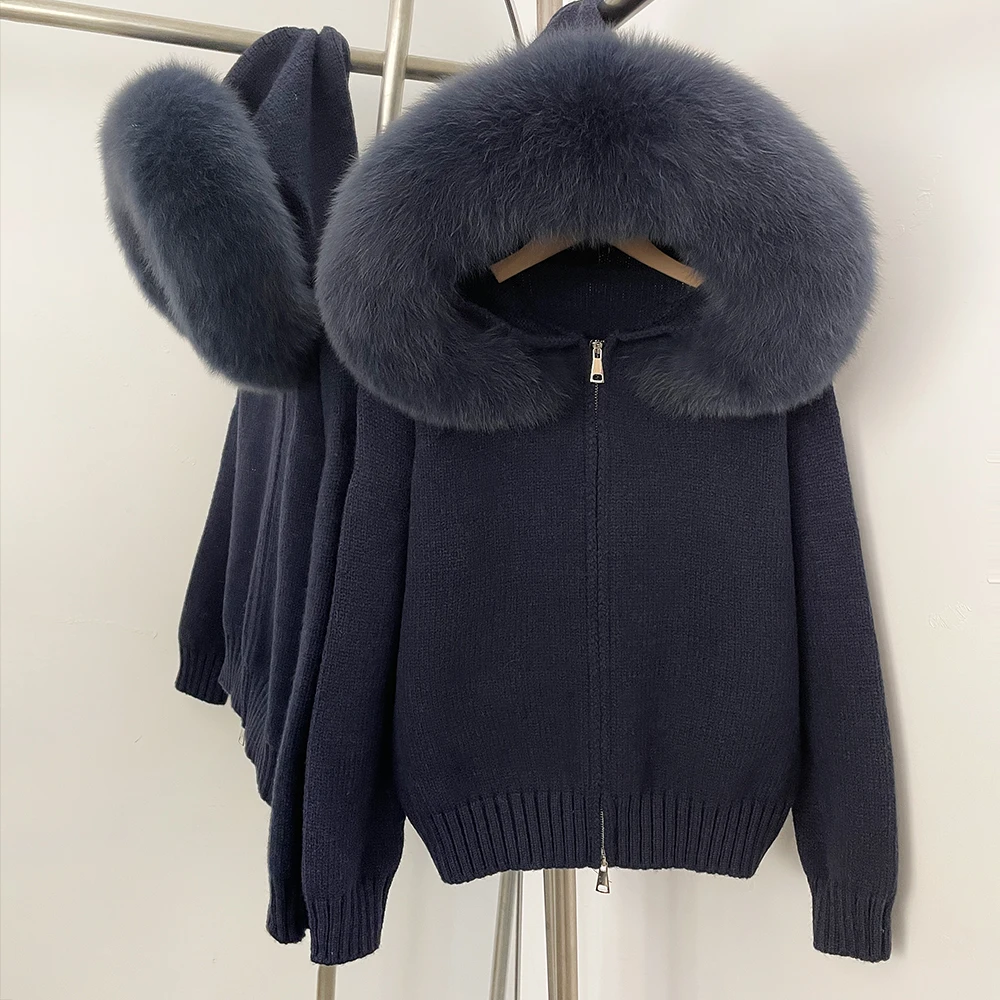 Womens Wool Blend Sweater Oversized Knit Natural Fox Fur Coat Women Real Fur Collar Knitwear Female Spring Autumn Hooded Knitted