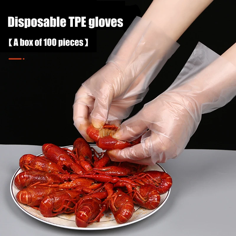 100Pcs Latex Free Gloves TPE Disposable Gloves Transparent Non-Slip Acid Work Safety Food Grade Household Cleaning Gloves