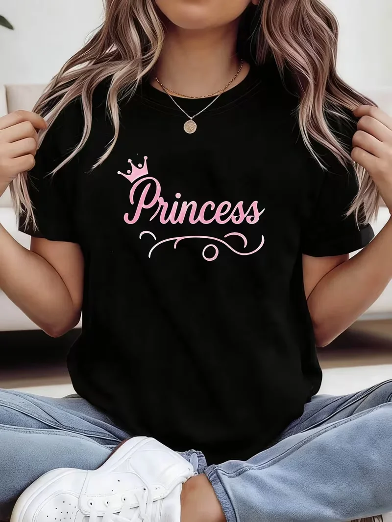 Camiseta de manga corta con cuello redondo y estampado de texto Crown Princess para mujer para primavera y verano