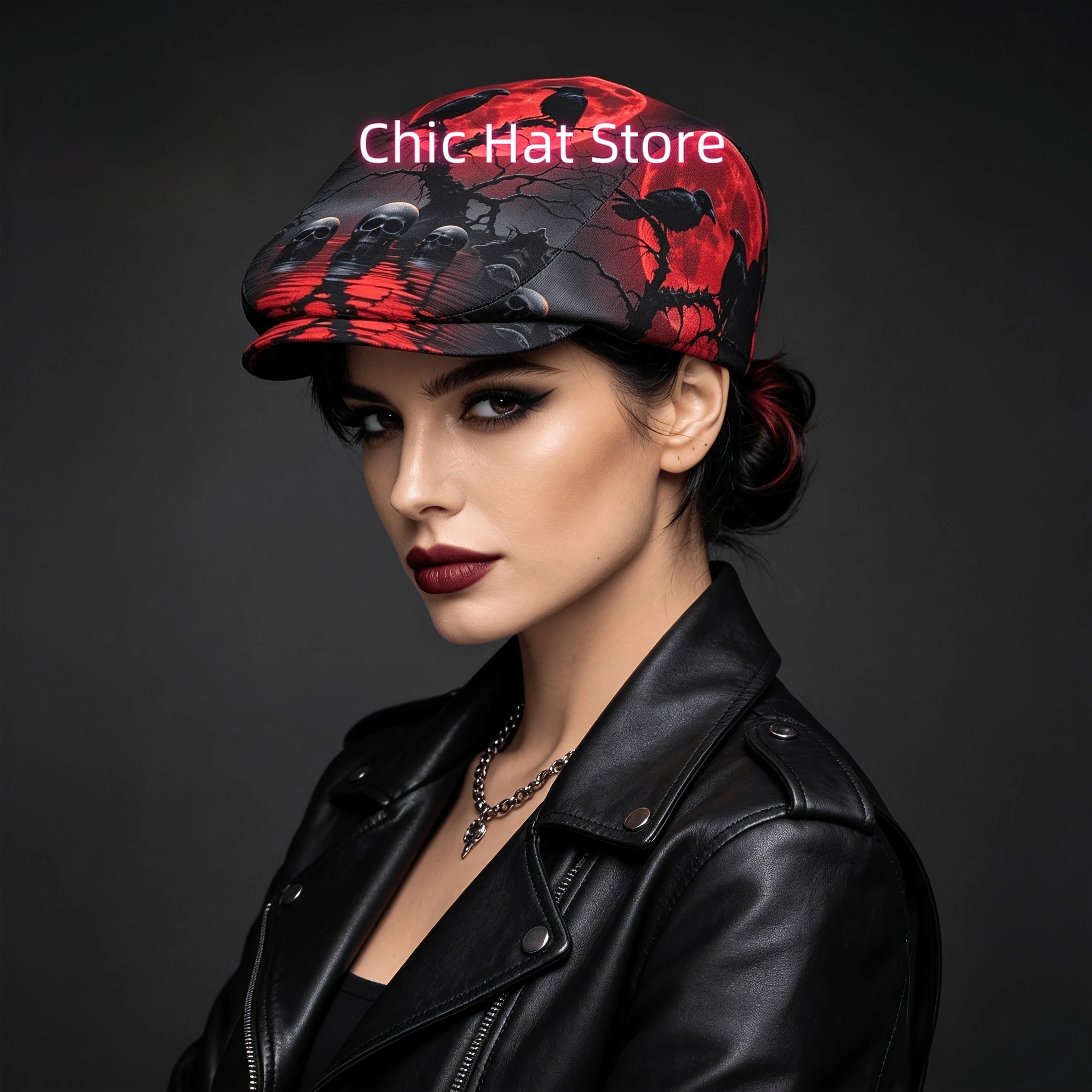 1pc Mystic Raven Skull Moon Art All-Over Print Flat-Top Hat for Men And Women, Newsboy Cap, Beret, Irish Hat, Driver Cap, Retro