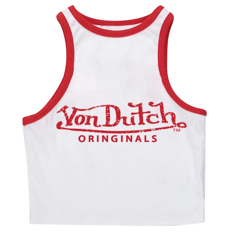 Women\'s 2023 wooden ear letter LOGO thread elastic short spice vest niche slim retro top