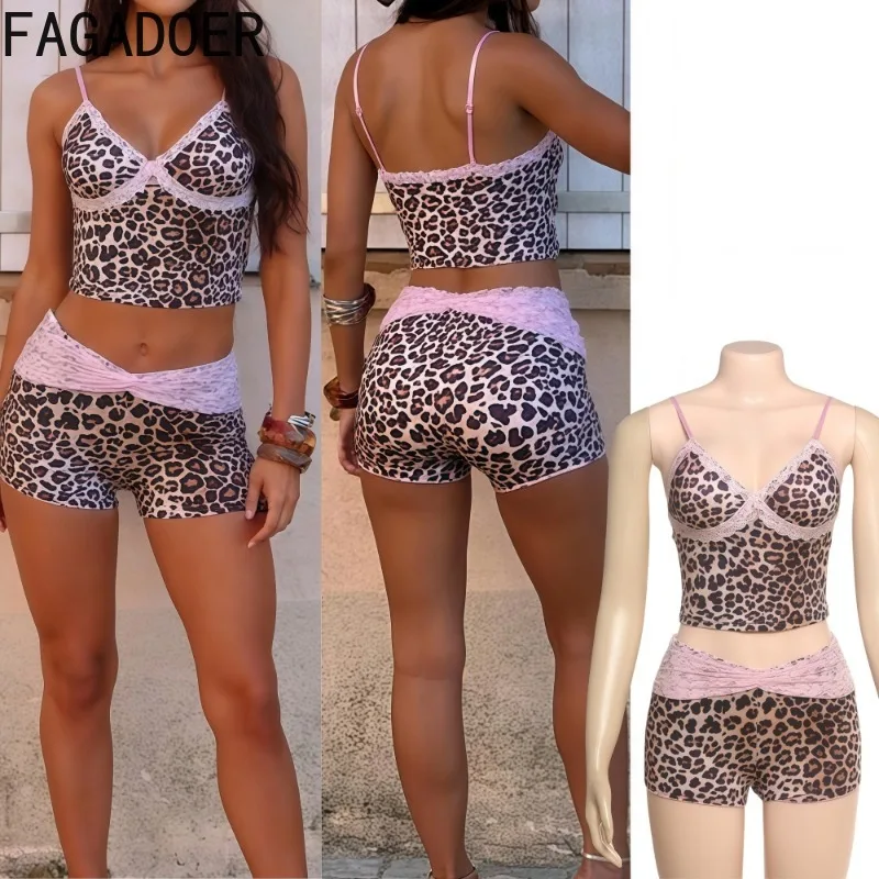 

FAGADOER Summer New Sexy Leopard Print Lace Patchwork 2 Piece Sets Woman Outfit Spaghetti Strap Tank Tops + Shorts Streetwear