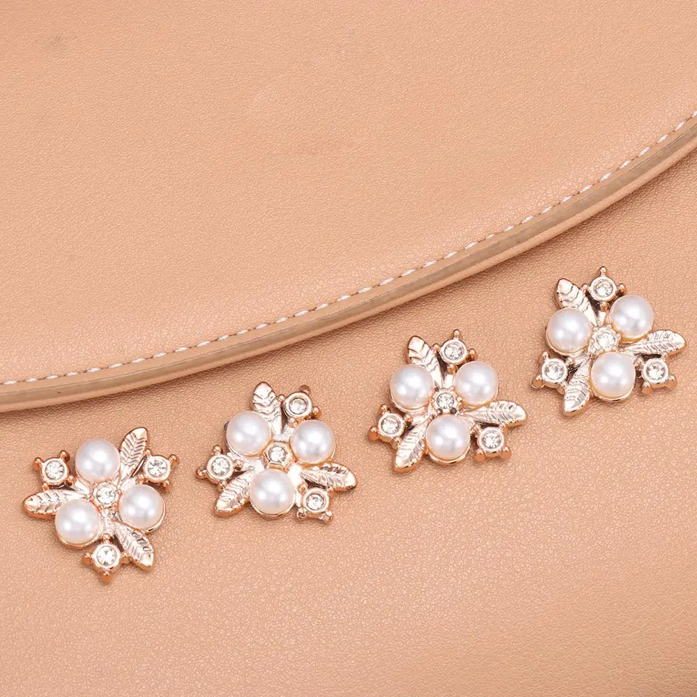 10PCS Sparkling Flower-shaped Crystal Pearl Button Headwear Clip Pearl Hairpins Rhinestone Buttons