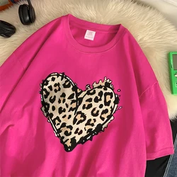 Leopard Heart Pattern Printing T-Shirt Casual Versatile Womans Tee Clothes Fashion Beautiful Clothing Cute Cartoon Short Sleeve