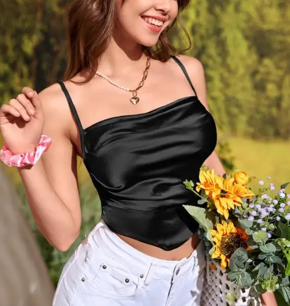 

Slimming Women's Camisole 2026 Summer French Elegant Sexy Pleated Design Asymmetrical Camisole Suitable for Daily Dates