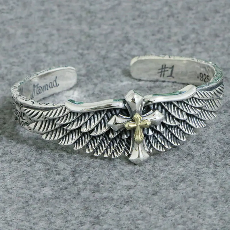 Sterling Silver Cross Angel Wings Bracelet for Men and Women Cool European and American Trend Silver Jewelry Retro Thai Silver B