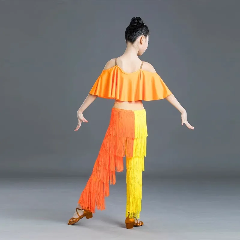 Novas crianças borla roupas de competição de dança latina meninas padrão nacional dança borla calças terno prática roupas desempenho
