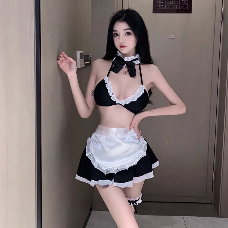 

Sexy Hot GirlVCollared Strap Sleeveless Uniform Maid Role Play Bikini Short Skirt Set for Women