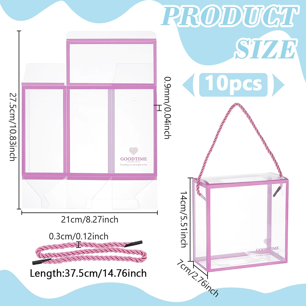 10 Pcs Clear Favor Boxes 5.5x5.5x2.8 Inches PVC Gift Boxes with Pink Border Lace and Handle for Wedding Party Christmas