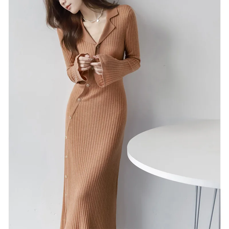 Knitted trumpet sleeve temperament women\'s spring and autumn slim-fit small lapel knitted dress