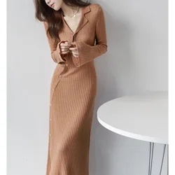 Knitted trumpet sleeve temperament women's spring and autumn slim-fit small lapel knitted dress