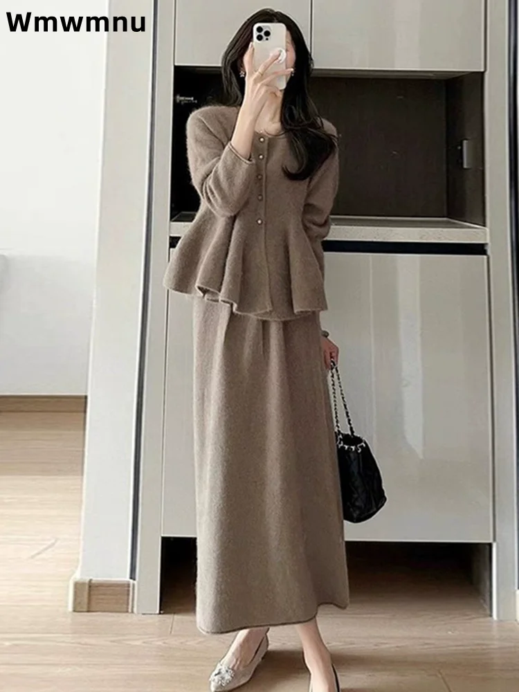 

O-neck Single Breasted Top 2 Piece Set Outfits Women's Casual Half Skirt Sweater Conjuntos Loose Korean Fashion Ensembles