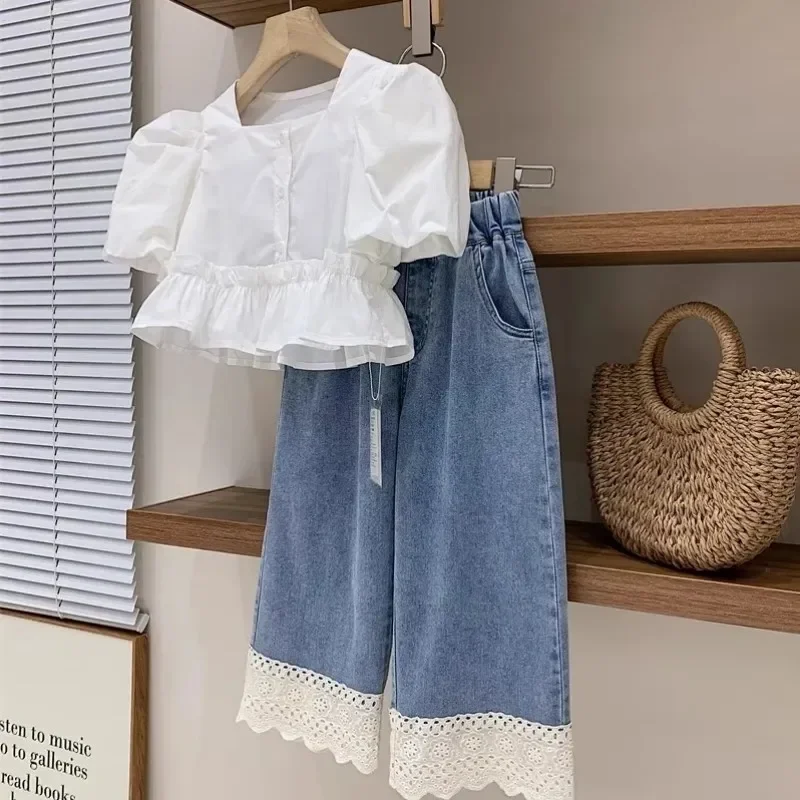 Girls' Clothing Set Summer Children's French Square Neck Bubble Sleeve Shirt Lace Thin Soft Jeans Two Piece Set 4 6 8 10 13 15Y