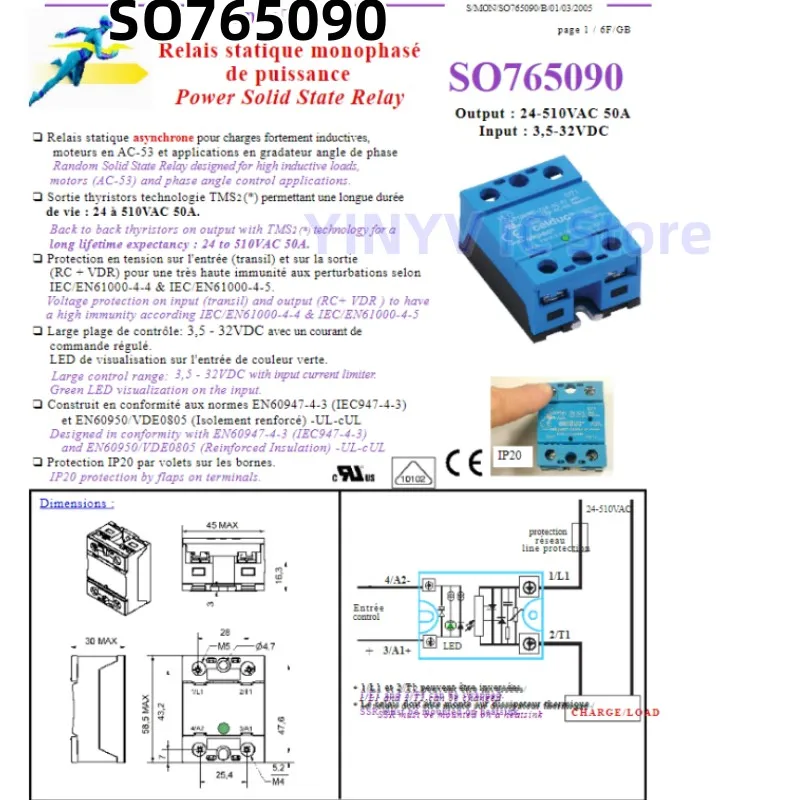 

SO765090 Power Solid State Relay Chipset Output : 24-510VAC 50A Input : 3,5-32VDC Original New 100% quality