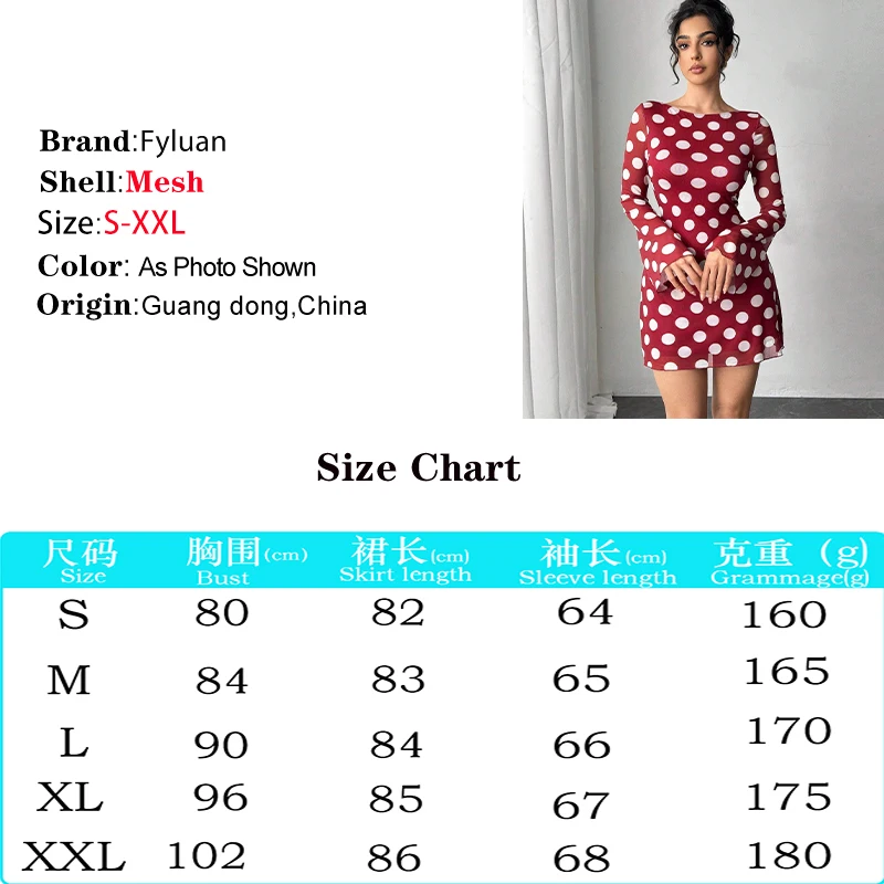 2025 Nuovo vestito da donna Sexy Sheer Mesh Round Dot Manica svasata Mini abito femminile Backless Manica lunga Nightclub Party Abito corto