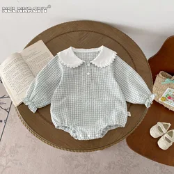 Infant Spring Autumn Long-Sleeve Diaper Cover Onesie - Doll Collar Baby Girl bodysuits Newborns Checkered Pure Cotton Clothing