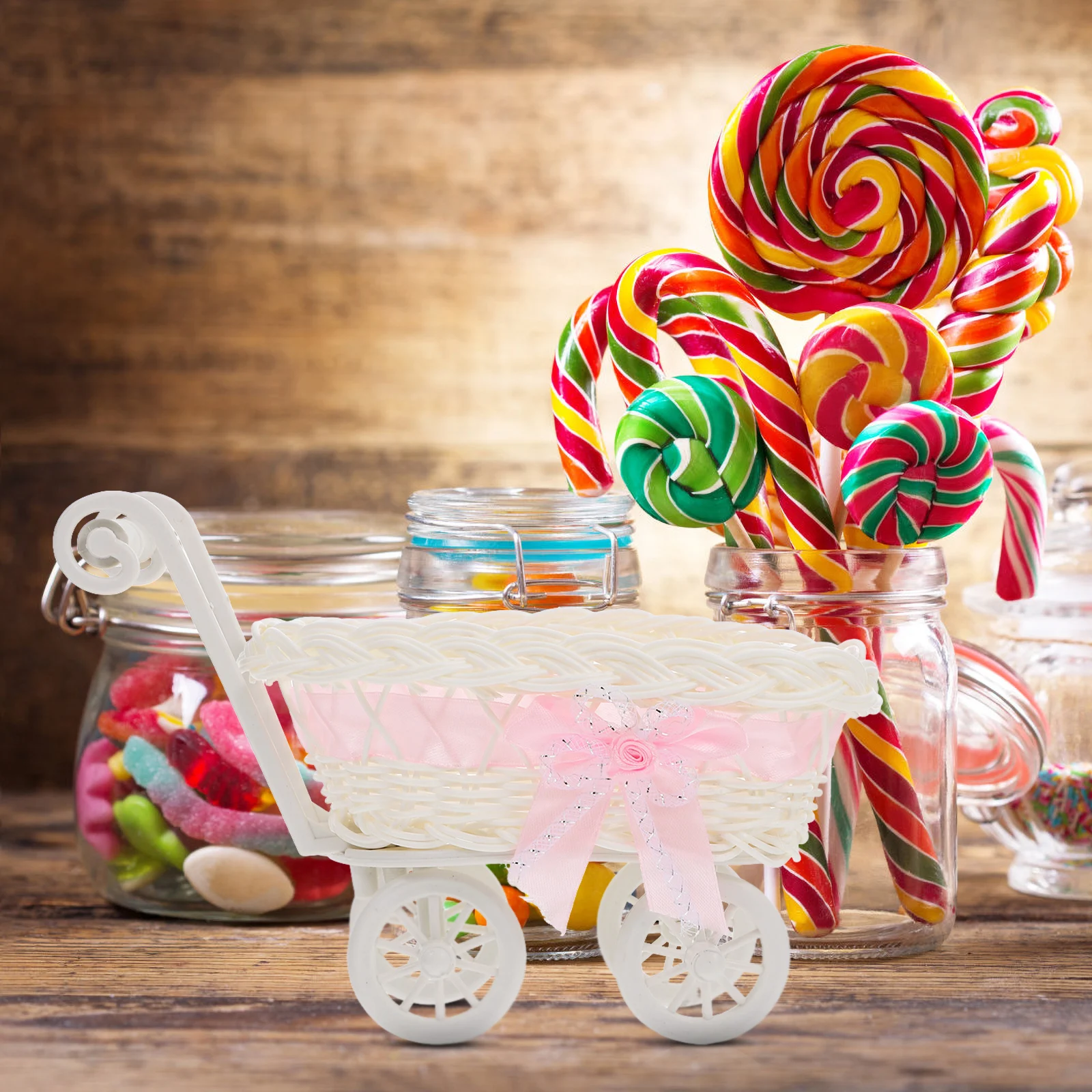 

Imitation Rattan Baby Stroller Baskets Pink Candy Trolley Vintage Storage Basket Decor Baby Shower Wedding Gifts