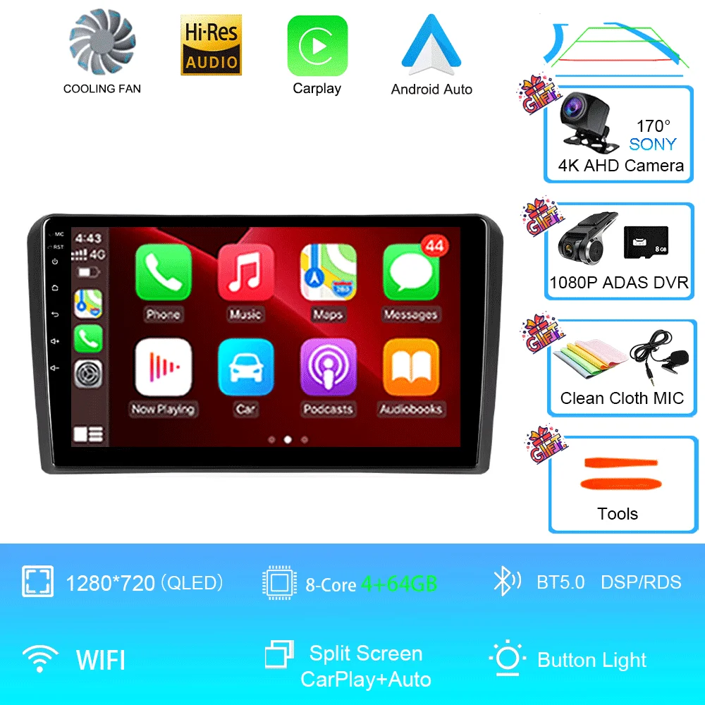 Android 16 Carplay Auto voor Audi A3 8P 2003-2013 autoradio 2din multimediaspeler GPS navigatie audio stereo DSP 360 camera 4G