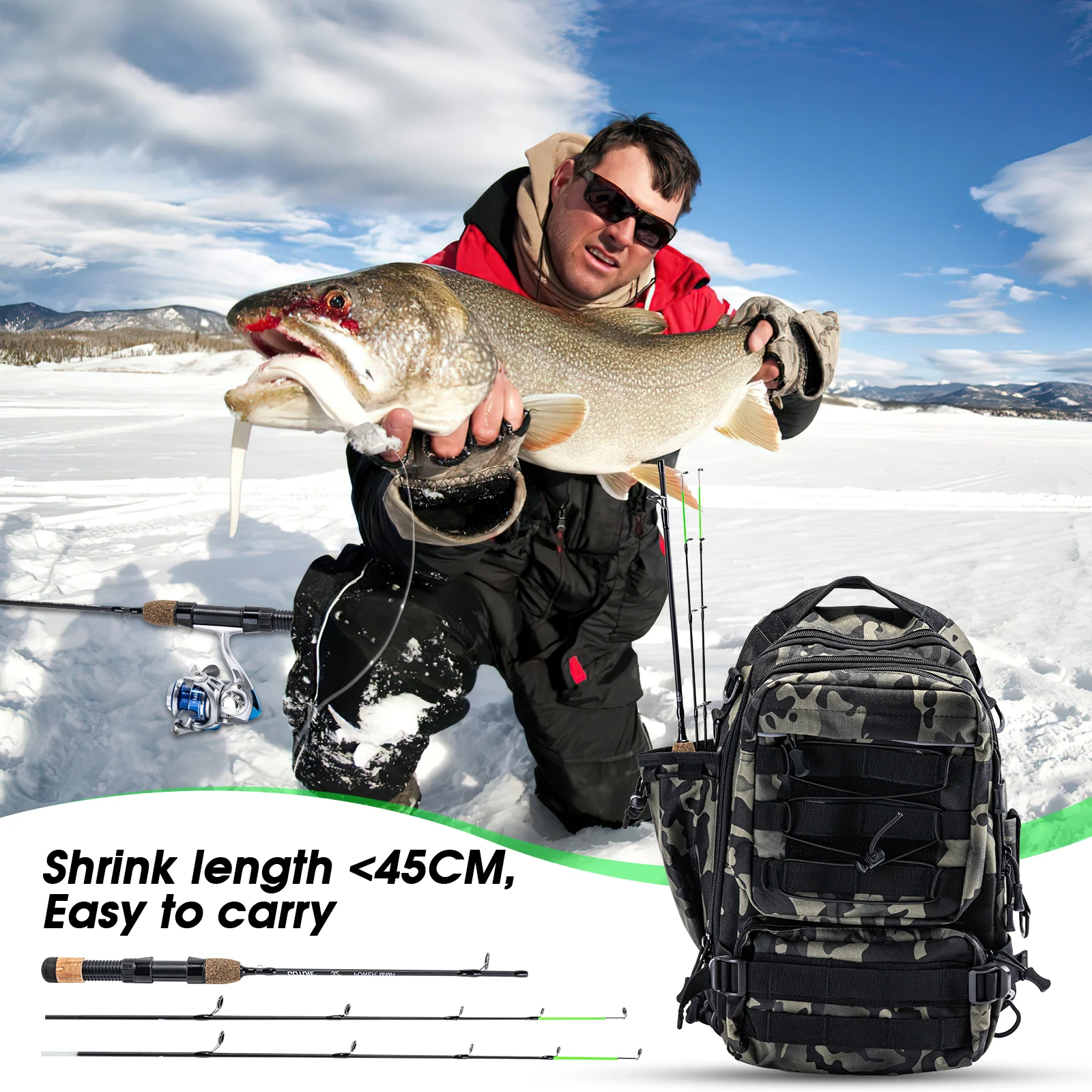 Goture 32\'\' Portable Ice Fishing Rod M/MH Power 2 Tips Spinning Rod Carbon Fiber Winter Pole Cork Handle Ultralight Carp Tackle