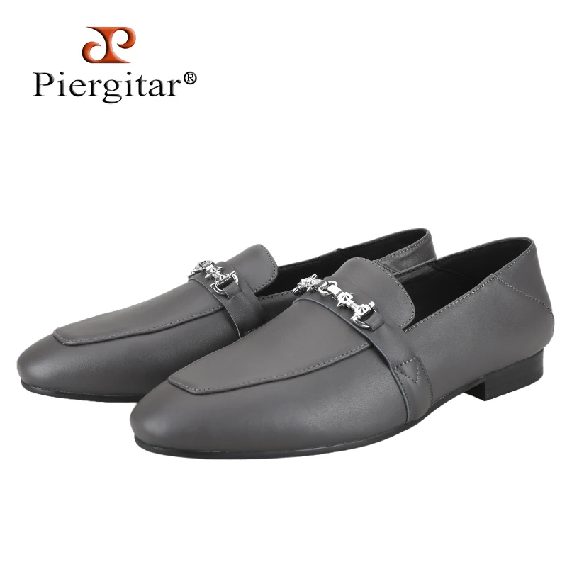 Piergitar Black And Gray Genuine Leather Men Loafers With Silver-Colored Studded Buckle Handmade Slip-On Classic Style Slippers