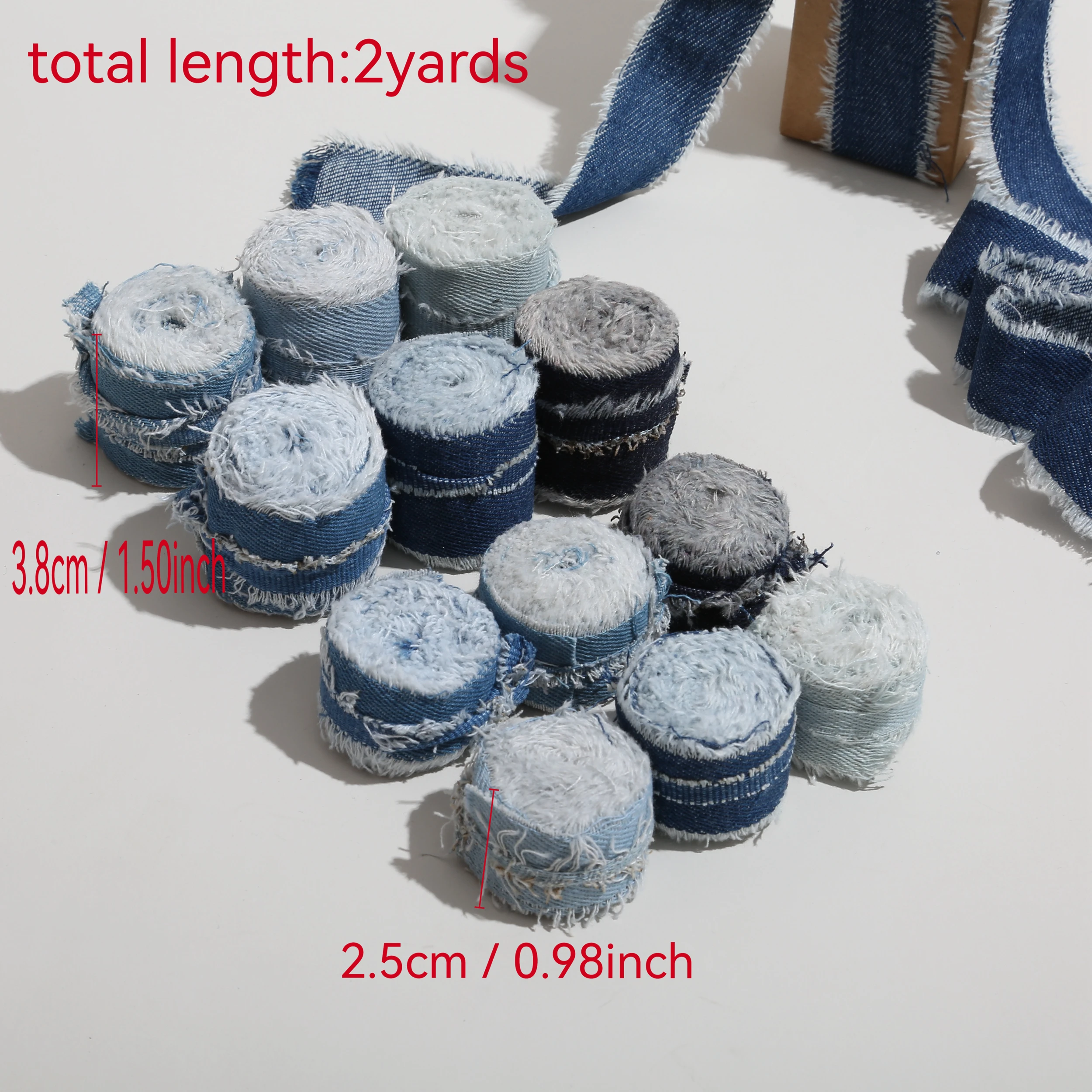 2 Yards/Rolle handgefertigtes Denim-Satinband mit ausgefransten Kanten, 25 mm/38 mm, für Hochzeitseinladungen, Blumensträuße, Geburtstagsfeiern, DIY-Nähdekoration – Detail 4