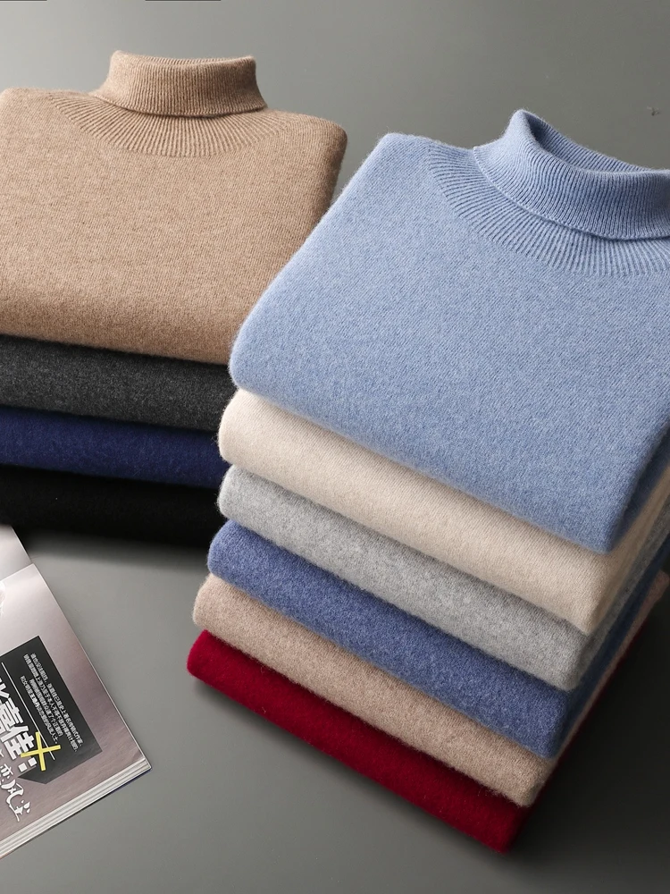 

TLOML Men's 100% Cashmere Sweater Turtleneck Pullover Autumn Winter Basic Cashmere Knitwear Smart Casual Soft Warm Clothing Tops