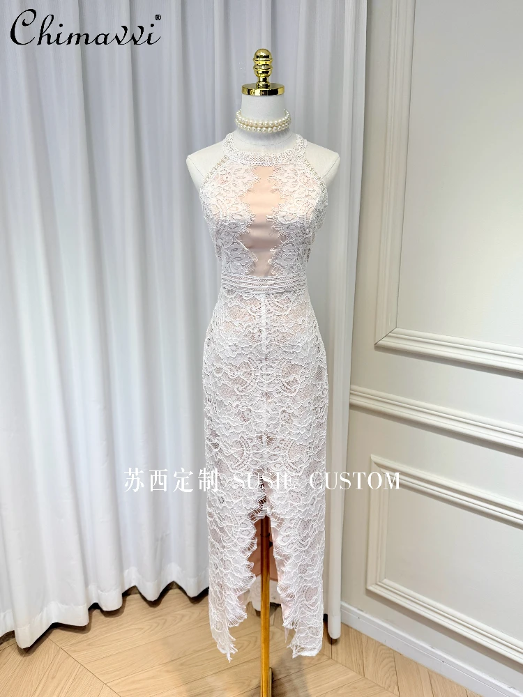 

French Elegant Socialite Evening Dress Lace Patchwork Halter Off-Shoulder Sleeveless High Waist Split Bodycon Long Dress Women