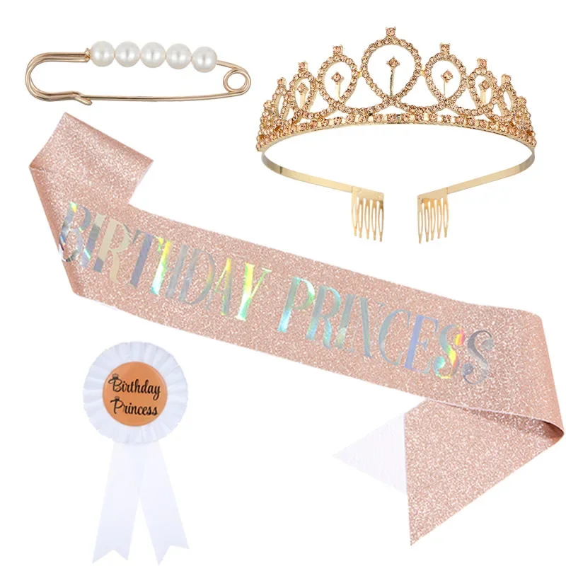 New Champagne Color Crown Belt Birthday Party Supplies Birthday Princess Badge Pearl Pin Headbands for Women Headband Hair Woman