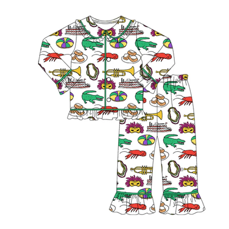 Wholesale Little Girls Girls Mardi Gras Outfits Spring Purple Green Bows Holiday Buttons Pajamas Kids Lounge Wear Clothes Sets