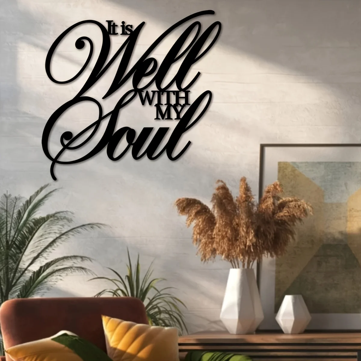 CIFBUY Metal It Is Well With My Soul Wall Sign, 2D Iron Cursive Script Quote Wall Decor, Religious Metal Wall Hanging